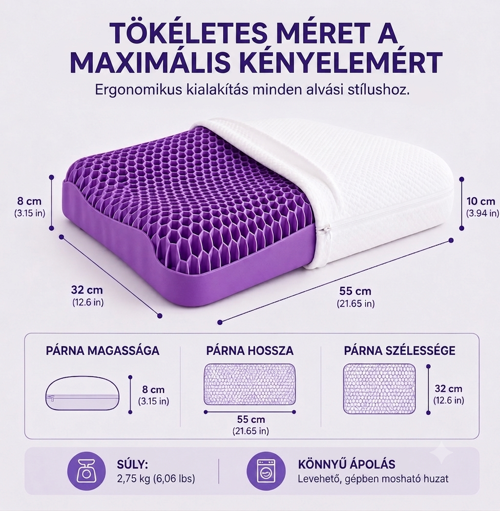 AoraSleep Grid párna méretei — 55 cm × 32 cm, 8-10 cm magas, 2,75 kg, levehető mosható huzat