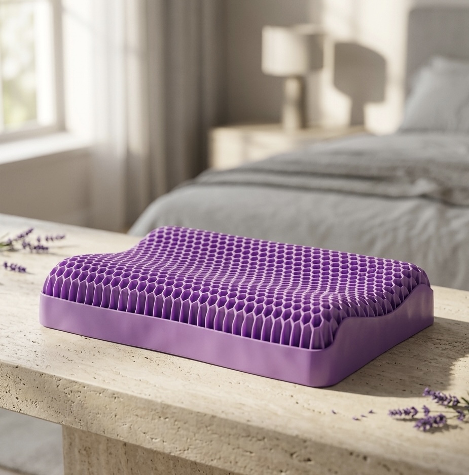 AoraSleep Ergonómiai Rácsos Nyakpárna – lila TPE Hyper-Elastic Grid egy hálószobában, levendulával