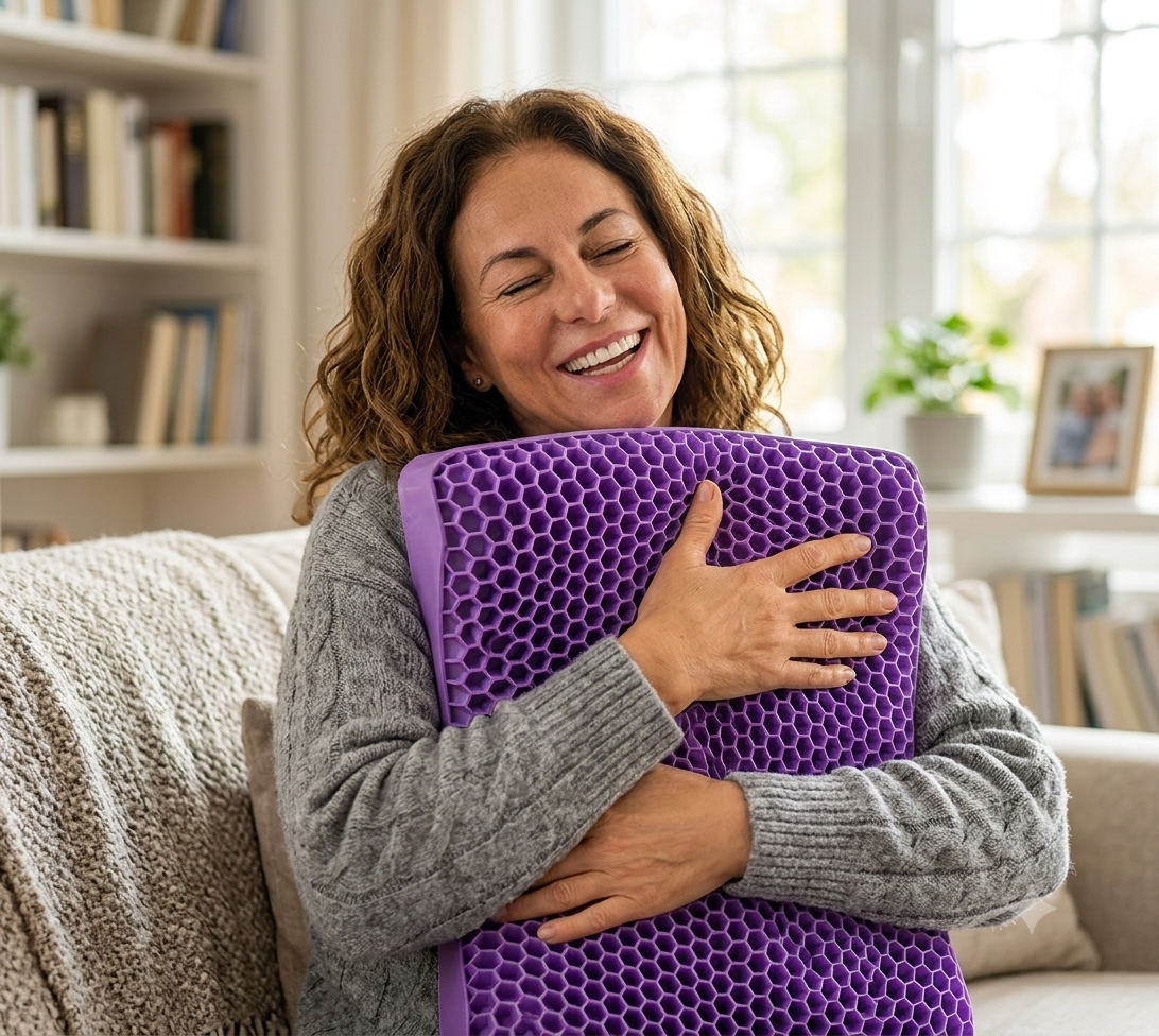 Boldog nő öleli az AoraSleep ergonomikus rácsos nyakpárnát egy otthonos nappaliban
